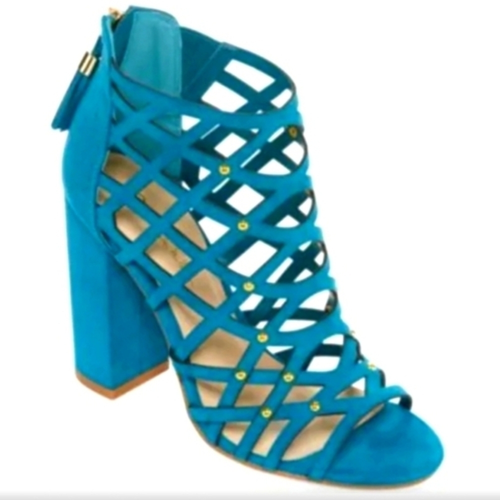 N by Nicole Miller lucie turquoise chunky heel cage studded sandals